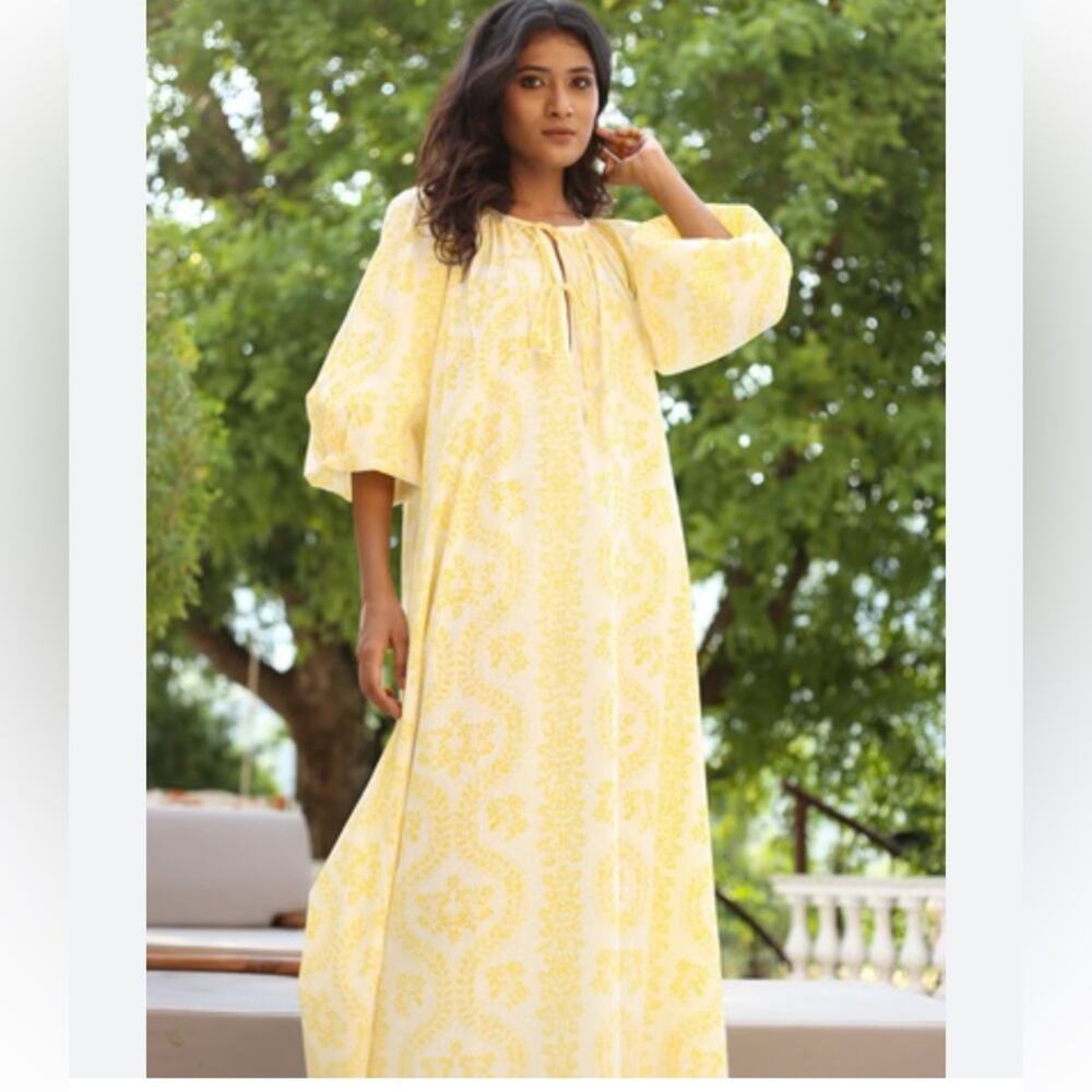 Monsoon and Beyond Handmade Yellow White Cotton Maxi Dress size medium Tie Front